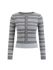 Autumn/Winter 2 In 1 Colorblock Striped Button Design Slim Fit Flattering Sweater - Grey Stripes - View 6