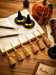 1/10/15pc Mini Witch Broom Decorations Tiny Straw Wizard Broom Props For Halloween Cupcake Topper&Doll Accessory Broom Ornaments For Halloween Table Layout&Party DIY Crafts,Halloween,Halloween Decor,Home Decor,Room Decor,Fall Home Decor,Kitchen Decor - Multicolor - View 3