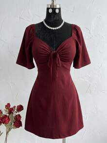 Elegant Plus Size Short Loose-Fit Summer Dress, Stretchy, Shaping, Fitted Waist, Adjustable Bust, Enhances And Lifts Breasts, Back With Tie, Sizes 2XL, 3XL And 4XL - 紅色 - 查看 2