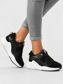 Sports Shoes, Lace-Up, Mesh + Imitation Leather, Snake Skin Imitations. - Black - View 1