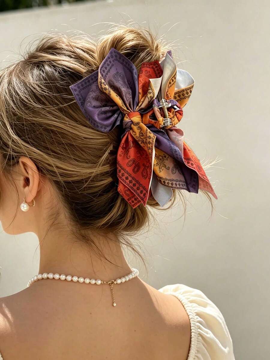 1pc Women's Silk Scarf Bow Paisley Pattern Claw Clip, American Vintage Printed Satin Bow Cashew Flower Hair Claw, Large Capacity Long Dress Matching Long Hair Half-Up Hair Clip, Multi-Layer Satin Bow Vacation Vibe Hair Accessory - Multicolor - View 1