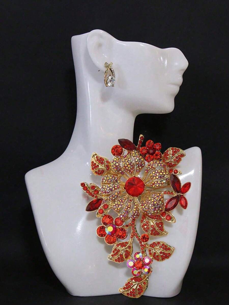 1pc Fashionable Exaggerated Plant Flower Rhinestone Brooch - Red - View 1