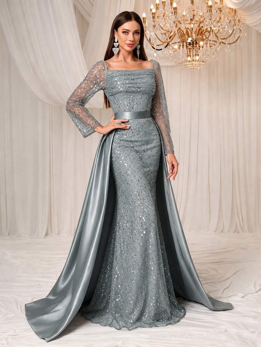 YISIKADO Elegant Luxury Satin Mesh Patchwork Sequin Square Neck Long Sleeve Maxi Dress, Suitable For Birthday Party, Wedding Guest, Graduation Ceremony, Evening Gala