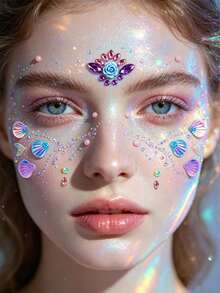 1pc Ocean Shell Style Face Rhinestone Sticker, Flower Shell Pearl Gemstone Sticker, Self-Adhesive Face Decoration Rhinestone, Suitable For Halloween, Music Festival And Various Party Makeup - Multicolor - View 5