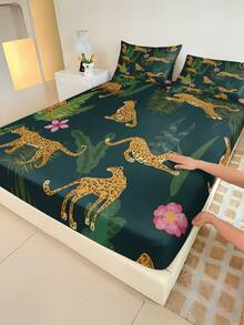 1PC Animal And Tropical Plant Pattern Fitted Sheet (Only Fitted Sheet, No Pillowcase), Soft And Comfortable 100% Polyester Fabric, Suitable For Bedroom, Guest Room, School Dorm Bedding, Available Sizes: Extra Large, Large, Standard Double, Single. Easy To Remove And Machine Washable, All-Season Mattress Protector. Modern Minimalist Washable Home Bedding - Multicolor - View 6