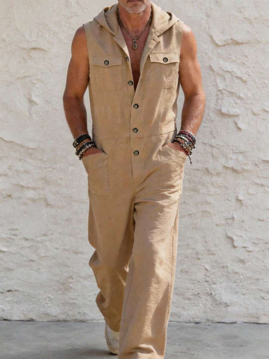 Men's Loose Summer Casual Lazy Lightweight Hooded Tank Top Multi-Pocket Jumpsuit - Khaki - View 1