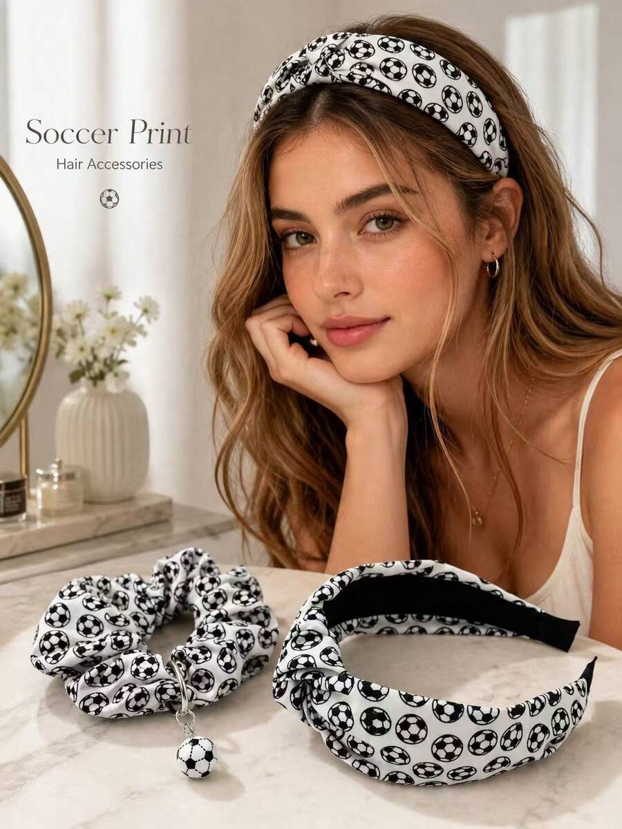 2er Set Haaraccessoires im Fußball-Weltcup-Thema, Damen Outdoor Stirnband und Pferdeschwanz-Scrunchie mit Anhänger, geeignet für Spieltag, Partygeschenke und tägliche Sportbekleidung