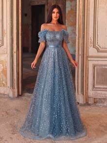 Faeriesty Sparkling Off-Shoulder Princess Style Puff Dress, Bubble Sleeves, Scattered Sequin Decoration, Satin Waistband Wedding Party - Teal Blue - View 1