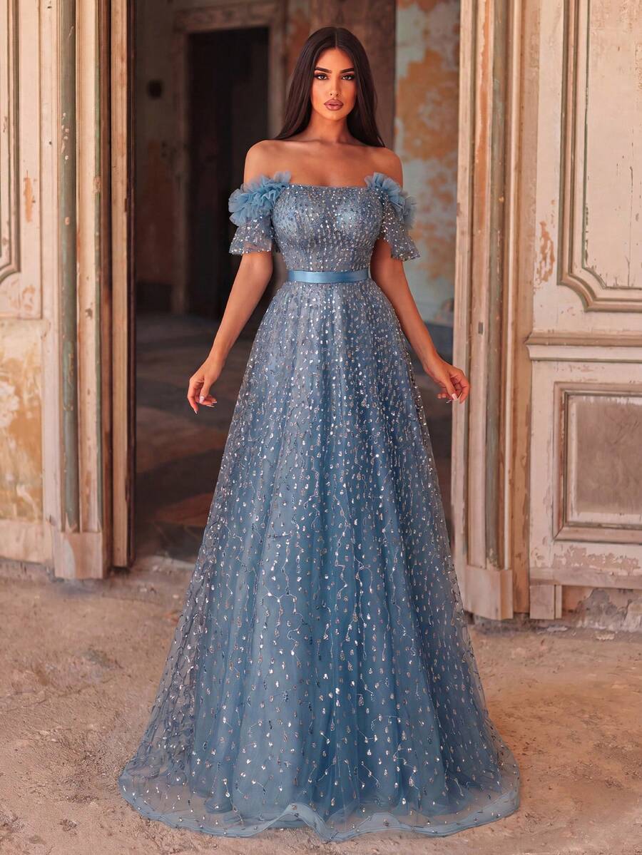 Faeriesty Sparkling Off-Shoulder Princess Style Puff Dress, Bubble Sleeves, Scattered Sequin Decoration, Satin Waistband Wedding Party - Teal Blue - View 1