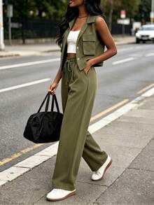 3pcs Women's Vintage Military Green Practical Set, Including Short Sleeve Shirt Jacket, White Camisole, And High Waist Wide Leg Pants With Pockets, Suitable For Spring And Summer Elegant - Army Green - View 6