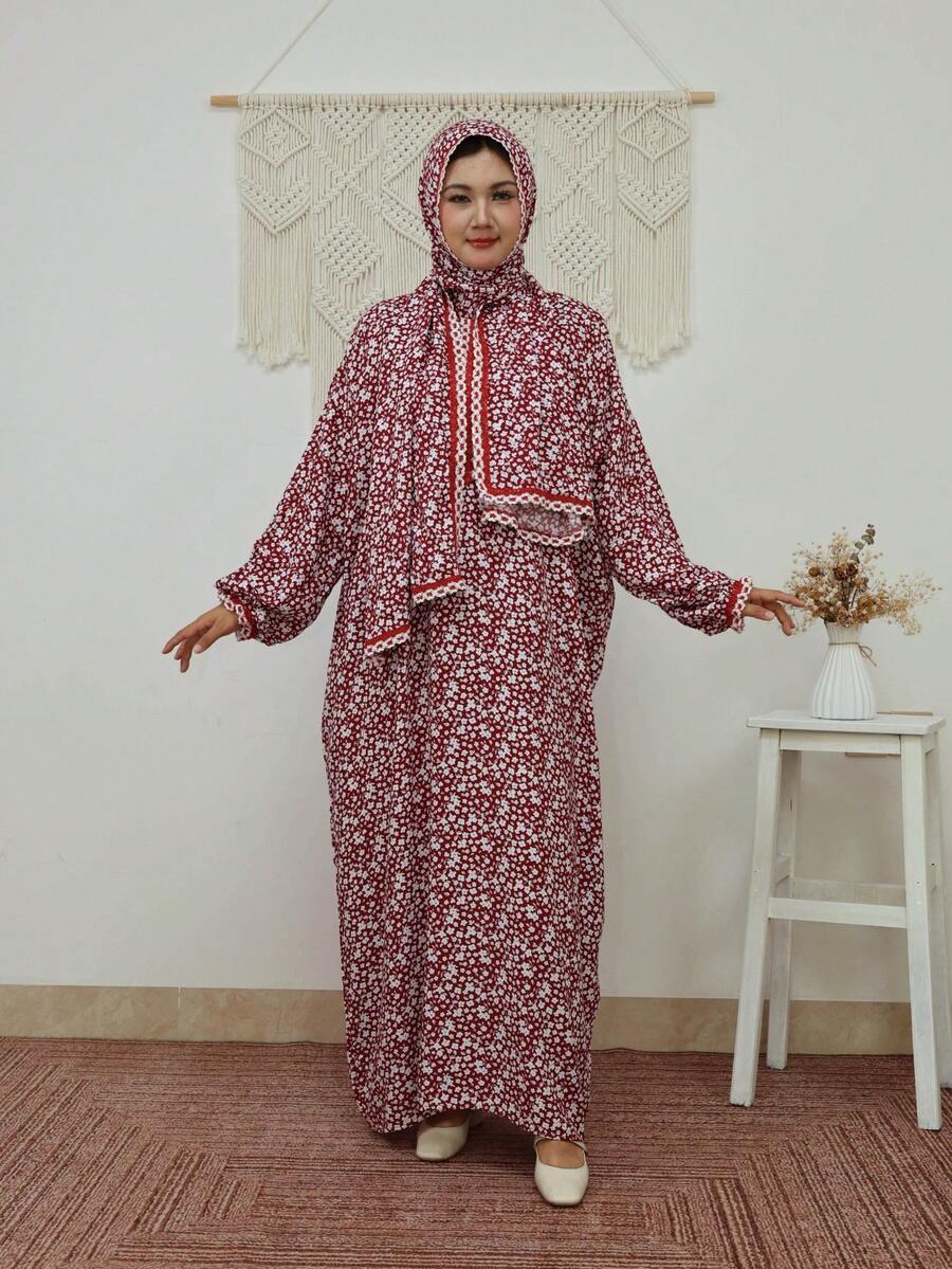 Wine Red Dainty Ditsy Floral Loose Fit Headscarf One-Piece Long Robe Lace Trim Muslin Women's Prayer Robe