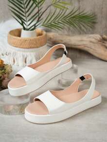 Sandálias Femininas de Couro de Cor Sólida com Sola Grossa, Tira Traseira, Bico Aberto, Plataforma e Salto Anabela, Opções Multicoloridas, para Uso Diário, Compras, Férias, Casual e Outdoor - Branco - Visão 7