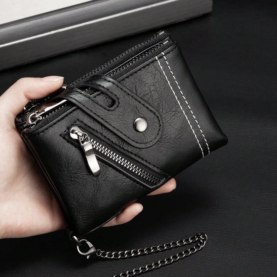 CarrKen New Vintage Fashion Men's Wallet, Large Capacity Multi-Function Snap Closure Wallet, Youth Student Versatile Multi-Card Holder, Gift For Men - Black - View 1