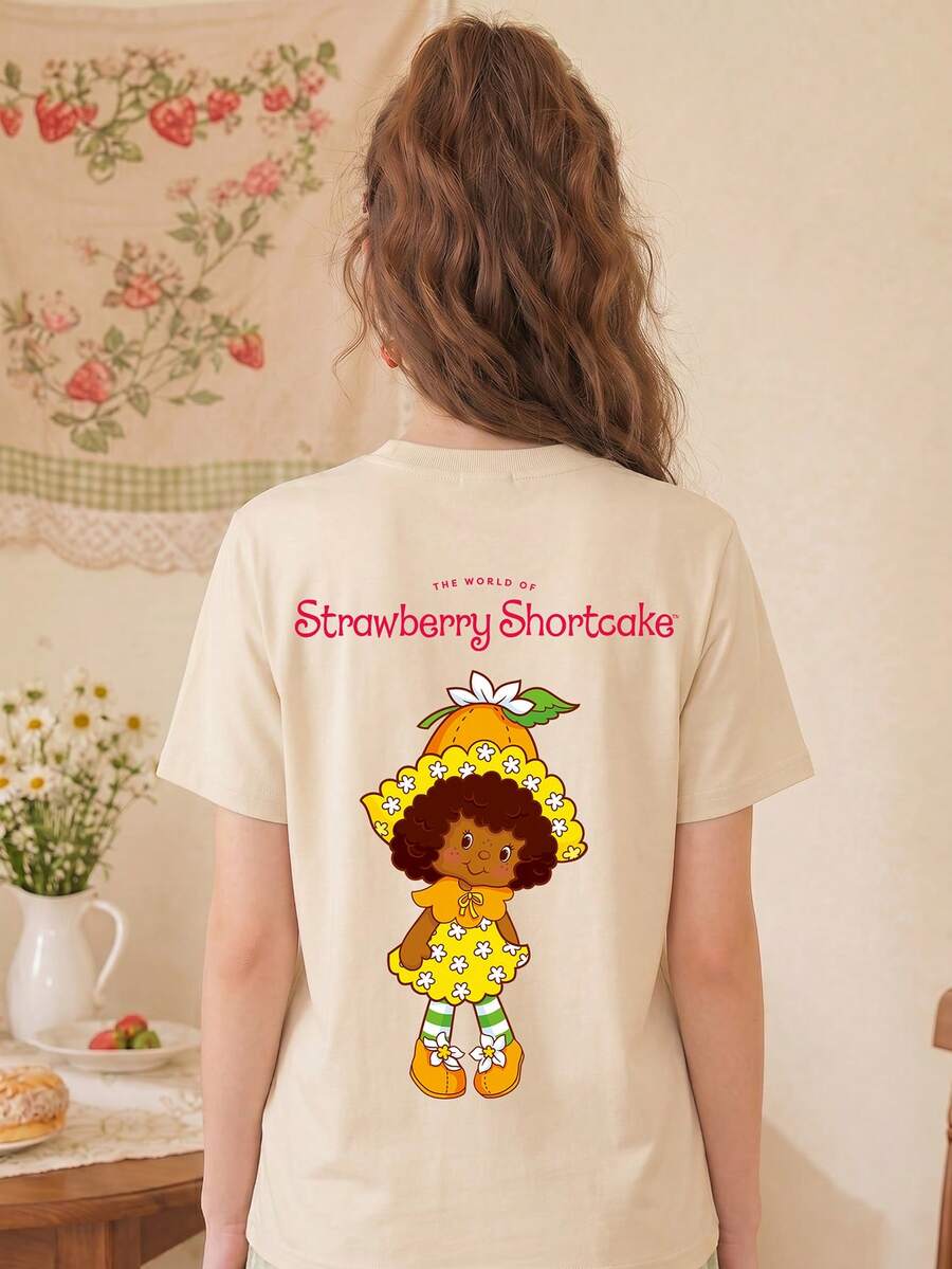 SHEIN X Strawberry Shortcake Women's Summer T-Shirt, Cute Orange Flower Print Loose Casual Style, Suitable For Daily Wear And Sweet Girl Style - Apricot - View 1