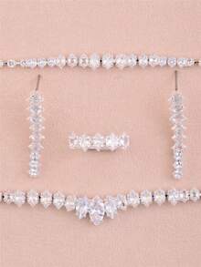 CORUIXI 1 Set Exquisite Compact Diamond Jewelry Set For Women, Shiny Zirconia + Rhinestone Necklace, Earrings, Bracelet, Ring, 4-Piece Elegant Accessories Suitable For Festivals And Daily Wear - Silver - View 4