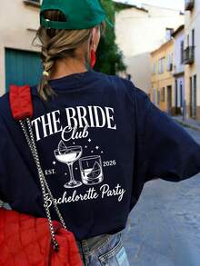2026 Bride Club 復古調酒圖案背印寬鬆短袖T恤，休閒舒適新娘派對上衣，適合單身女派對、新娘淋浴、女生之夜、婚前旅行、度假穿搭與日常街頭穿搭 - 藏蓝色 - 查看 2