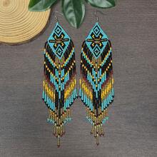 AHAYA Creative Fashion Rhombus Tassel Earrings, Geometric Beaded Handmade Glass Bead Dangle Earrings, Vintage Jewelry, Retro Accessories Suitable For Daily Wear - Turquoise - View 4