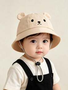 1件嬰兒幼兒可愛耳朵抽繩水桶帽，熊圖案，可調節帽子，適合0-2歲男孩女孩日常休閒穿著、戶外玩耍 - 小熊表情 - 查看 2