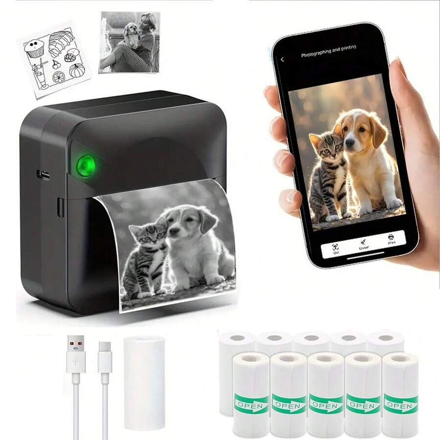 Wireless Mini Printer, Portable Thermal Inkless Sticker Printer With 10 Rolls Paper, For Photos, Notes, Gift, Receipts, Lists, And DIY Journals - Home & Office Use, Compatible With IOS & Android