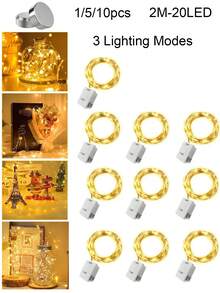 1/5/10 Piezas Luces de Hada de Alambre de Cobre de Múltiples Longitudes 2M 20LED, 3 Modos de Parpadeo, 3 Baterías LR44 Incluidas, Añade Ambiente Romántico, Decoración de Ramos & Regalos, Patio Camping Dormitorio Boda Cumpleaños Graduación Artículos de Decoración del Hogar - Amarillo - Ver 2