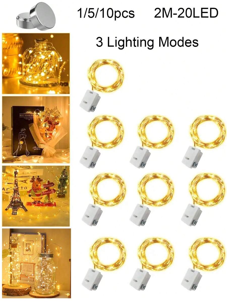 1/5/10 Piezas Luces de Hada de Alambre de Cobre de Múltiples Longitudes 2M 20LED, 3 Modos de Parpadeo, 3 Baterías LR44 Incluidas, Añade Ambiente Romántico, Decoración de Ramos & Regalos, Patio Camping Dormitorio Boda Cumpleaños Graduación Artículos de Decoración del Hogar