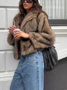 Comfortable Women's Regular Fit Faux Fur Coat, Collar Long Sleeve, Creating Elegant Winter Outfit - Brown - View 3