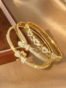 18K vergoldetes Herz & Schleife Zirkonia stapelbares Armband Set, verblassungsresistentes verstellbares Goldarmband, eleganter Damenschmuck, geeignet für tägliche, Hochzeits- und Partyanlässe - Verschiedenfarbig - Übersicht 4