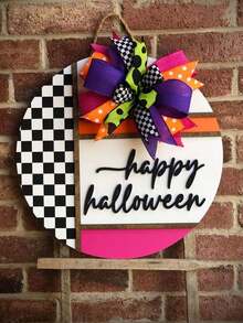 Halloween Front Door Hangings, Halloween Checkered Wreaths, "Happy Halloween" Wreaths, Front Door Decorations, 3D Wreaths, Vintage Home Decor, Outdoor Porch Wooden Signs, Gifts - Multicolor - View 8