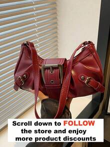 1pc Women's Retro Biker Punk Style Rivet Decor Adjustable Strap Large Capacity Soft Faux Oiled Leather Ombre Color Shoulder Underarm Bag, Suitable For Work, Commute, Date, Party - Red - View 3