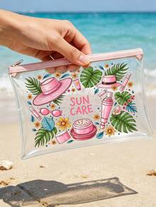 「Sun Protection」印花 PVC 化妝包，拉鍊式 PVC 旅行收納袋，輕量且耐褪色，TSA 合規易攜帶，易擦拭清潔，適合送給老師或朋友的禮物，也是學校假期旅行必備的防水盥洗包 - 彩色 - 查看 5