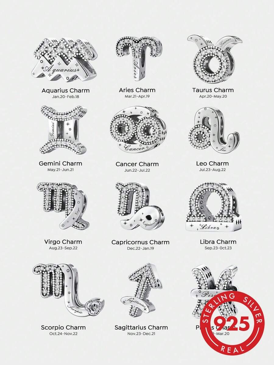 1 pièce Perle en argent sterling 925 avec 12 signes du zodiaque et trèfle à quatre feuilles, convient pour la fabrication de bracelets, bracelets et accessoires quotidiens pour femmes et filles, idéal pour la rentrée scolaire - Argent - Voir 1