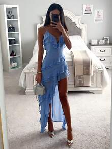 2026 New Style European Style Sexy Strapless Irregular Patterned Dress Formal Attire - Blue - View 2