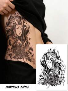 STARTTOOS 1pc Large Arm Tattoo Sticker Black Classical Aesthetic Floral Deer Horn Portrait Pattern Temporary Tattoo Sticker For Arm Back Thigh Party Gift Holiday Gift - Black - View 1