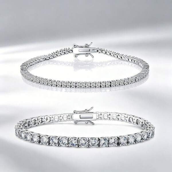 2pcs/Set Women's Luxury Jewelry Bracelets, 18K White Gold Plated 4-Prong Set 2.0mm And 4mm Round Clear Cubic Zirconia Tennis Bracelets