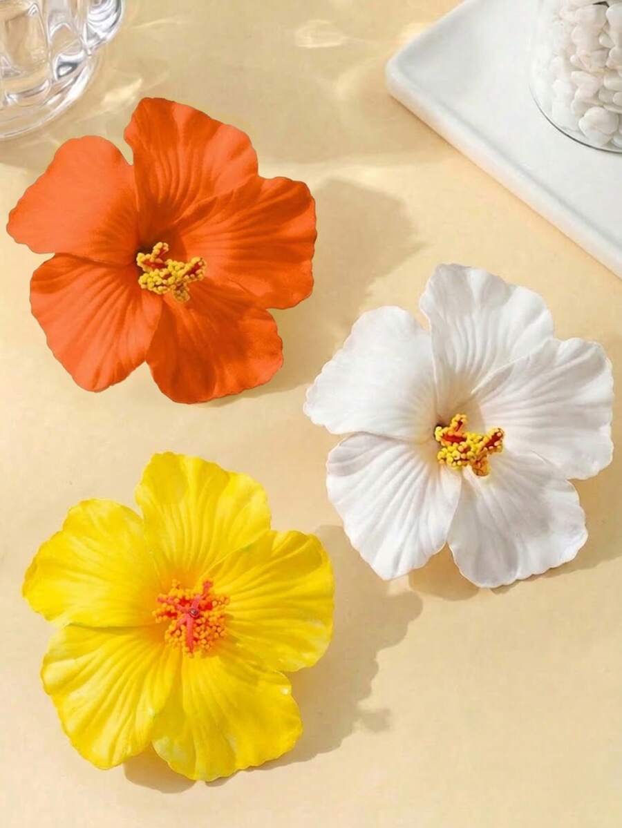 3件組夏威夷花朵髮夾，女用人造熱帶扶桑花髮夾，適合海灘、度假、派對，波西米亞風、時尚、優雅、極簡、純色，適用於日常、休閒、派對、工作、度假、盤髮、馬尾、洗臉、化妝、服飾配件