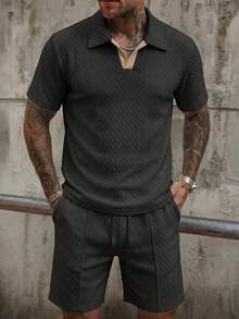 Men's Cool Daily Commute Home Casual Polyester Fabric Solid Color Versatile Sports Breathable Diamond Pattern Set - Black - View 7