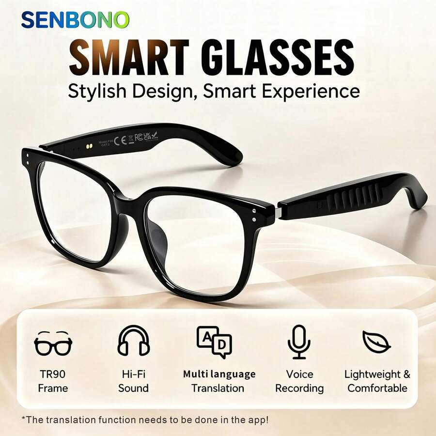 نظارات ذكية SENBONO AI، نظارات ذكية تدعم ترجمة تطبيقات لغات متعددة، نظارات صوتية متعددة الوظائف للرجال والنساء، ميكروفون ومكبر صوت مدمج، مكالمات صوتية عالية الدقة، تشغيل الموسيقى، مساعد صوتي - مشاهدة 1