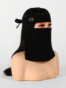 1件裝女款金色皇冠點綴純色尼卡布，輕盈透氣繫帶式面紗，簡約時尚百搭面罩 - 黑色-金色灑金皇冠 - 查看 5