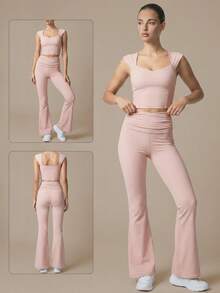 2pcs Women's Sports Set Square Neck Backless Soft Slim Fit Yoga Tank Top With Ruched Folded Waist High Waist Flare Yoga Pants - Pink - View 12