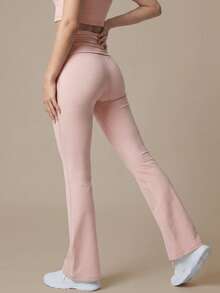2pcs Women's Sports Set Square Neck Backless Soft Slim Fit Yoga Tank Top With Ruched Folded Waist High Waist Flare Yoga Pants - Pink - View 11