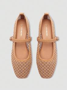 ADAMUMU Women's Fashion Flat Hollow Mesh Embroidery Ballet Mary Jane Shoes, Lightweight Mesh Fabric, Elegant Buckle, Comfortable Breathable Stylish, Suitable For Daily Commute - Camel - View 1