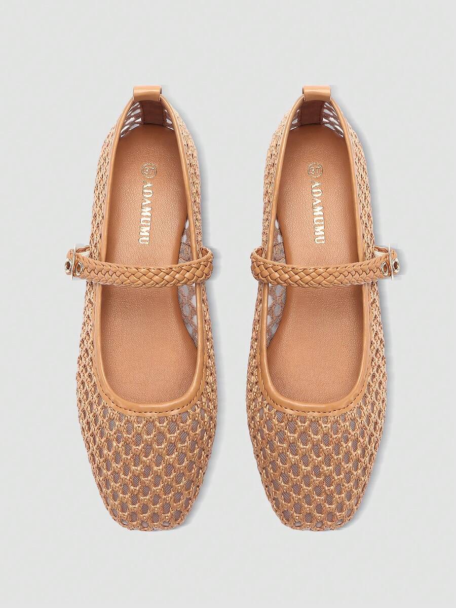 ADAMUMU Women's Fashion Flat Hollow Mesh Embroidery Ballet Mary Jane Shoes, Lightweight Mesh Fabric, Elegant Buckle, Comfortable Breathable Stylish, Suitable For Daily Commute - Camel - View 1