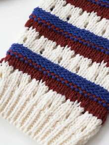 Women Fashion Hollow Out Striped Knitted Fall Loose Fit Long Sleeve Cardigan - Blue - View 6