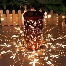 Metal Dragonfly Solar Lantern Light, Waterproof Projection Hanging Solar Light With Handle, Vintage Bronze Outdoor Decorative Light, Automatic Warm Shadow Light, Suitable For Garden, Patio, Yard, Fence, Pathway, Holiday, Wedding, Housewarming Decoration Gift, Solar Path Light, Ground Light, Outdoor Garden Decoration, Balcony Decoration, Outdoor Solar Light, LED Light Strip, Camping Essential - Dragonfly Lantern - View 2