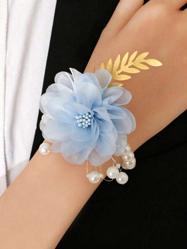 1pc Women's Light Blue Camellia With Gold Leaf And Pearl Embellished Wrist Corsage, Bridal Bridesmaid Bracelet For Wedding, Bridesmaid Party, Cocktail, Party, Dance, Daily Wear