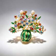 Vintage Heavy-Duty Vase Colorful Rhinestone Faux Pearl Brooch, Luxury Money Tree Bouquet Pin, Suitable For Women's Daily Casual Blazer Accessory, Backpack, Hat, Evening Dress Decoration Pin, Unique Banquet Party Jewelry Gift - Vase - View 3