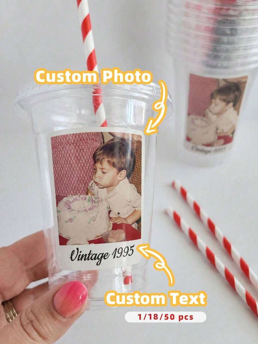1/18/50pcs Customizable Personalized Photo, Image, Brand Logo Plastic Cup Stickers, PVC Waterproof Oil-Resistant, Strong Adhesion, Suitable For Birthday, Wedding, Anniversary Party, Gift Packaging, Personalized Gift, Holographic Stickers - Multicolor - View 1