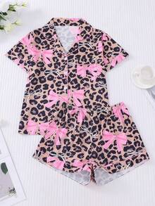 ROMWE Y2K 2pcs Women Pajama Set, Leopard Print & Bow Decor, Ladies Homewear, Spring/Summer Holiday Outfit, Short Sleeve Lapel Top And Shorts Lounge Wear - Pink - View 1