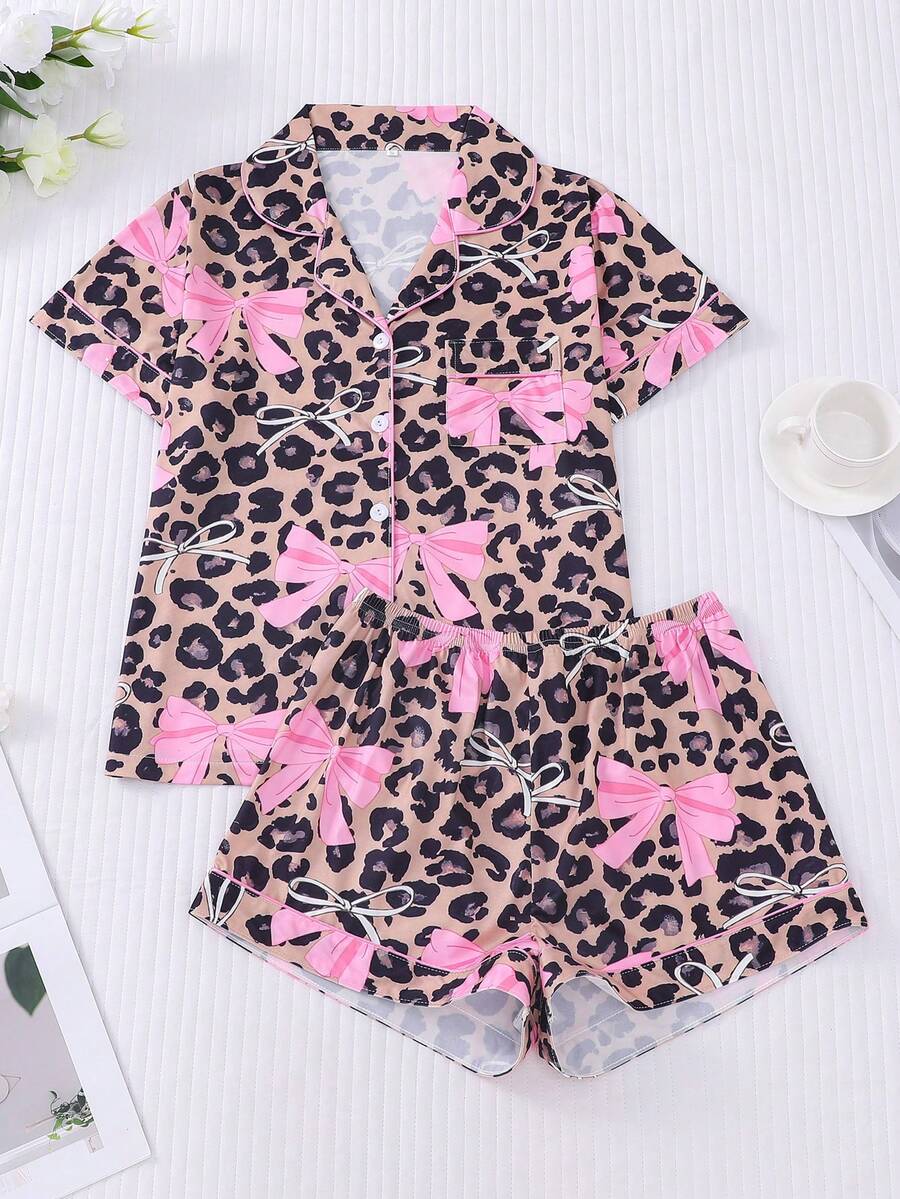 ROMWE Y2K 2pcs Women Pajama Set, Leopard Print & Bow Decor, Ladies Homewear, Spring/Summer Holiday Outfit, Short Sleeve Lapel Top And Shorts Lounge Wear - Pink - View 1