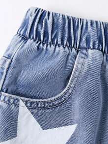 1pc Girls' Denim Shorts, Outdoor Daily Fashion Street Style Cool Retro Versatile Star Distressed Brushed Denim Hot Pants - Medium Wash - View 4